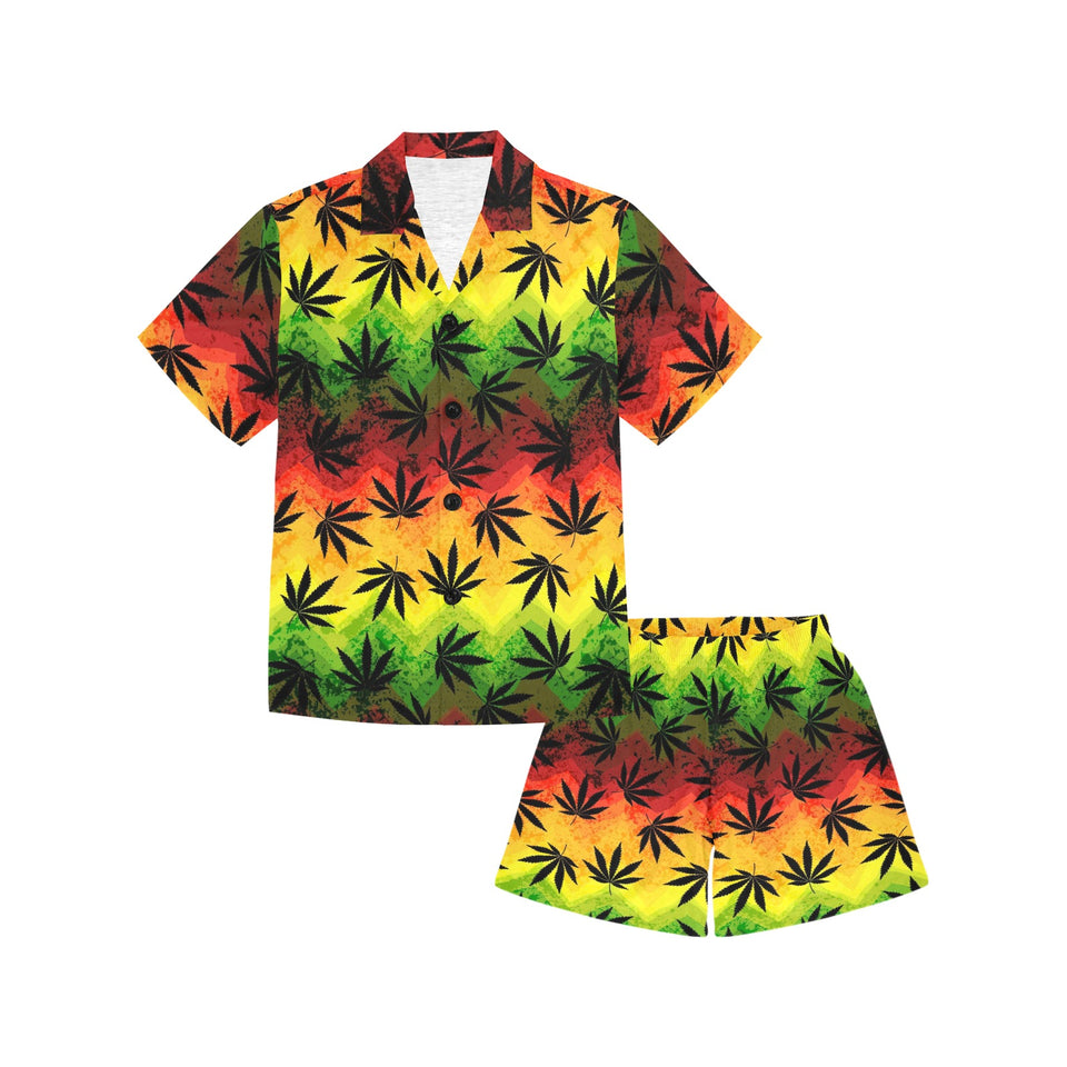 Canabis Marijuana Weed Pattern Print Design 03 Kids' Boys' Girls' V-Neck Short Pajama Set