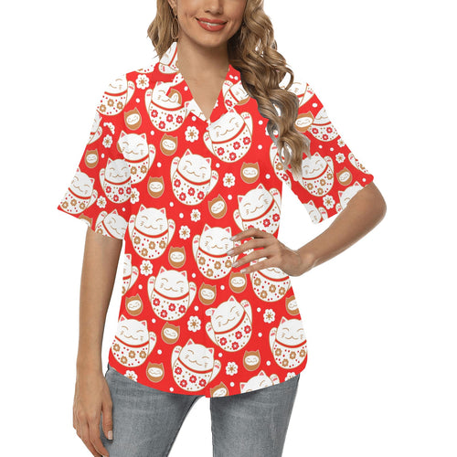 Cute Maneki neko cat red background Women's All Over Print Hawaiian Shirt