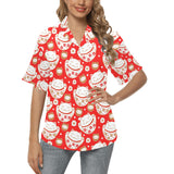 Cute Maneki neko cat red background Women's All Over Print Hawaiian Shirt