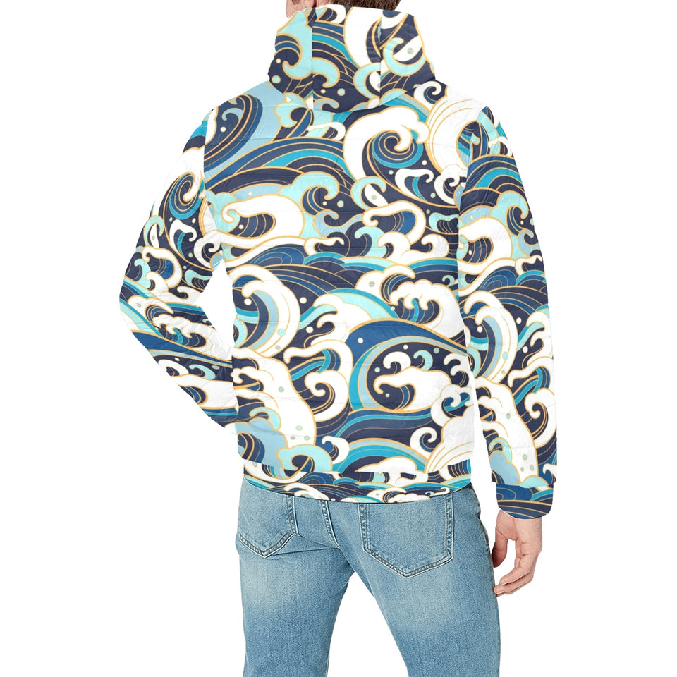 Japanese wave pattern Men's Padded Hooded Jacket