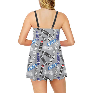 Skate Board Pattern Print Design 03 Chest Sexy Pleated Two Piece Swim Dress