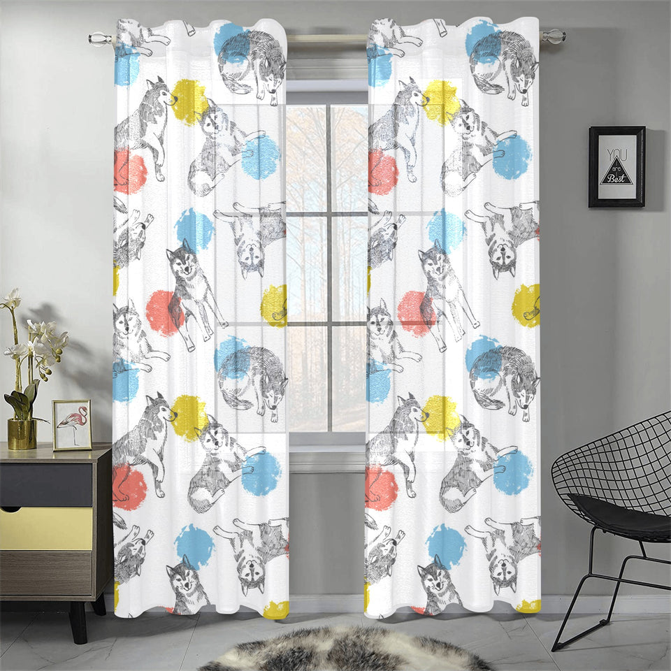 Siberian husky and colorful circle pattern Gauze Curtain