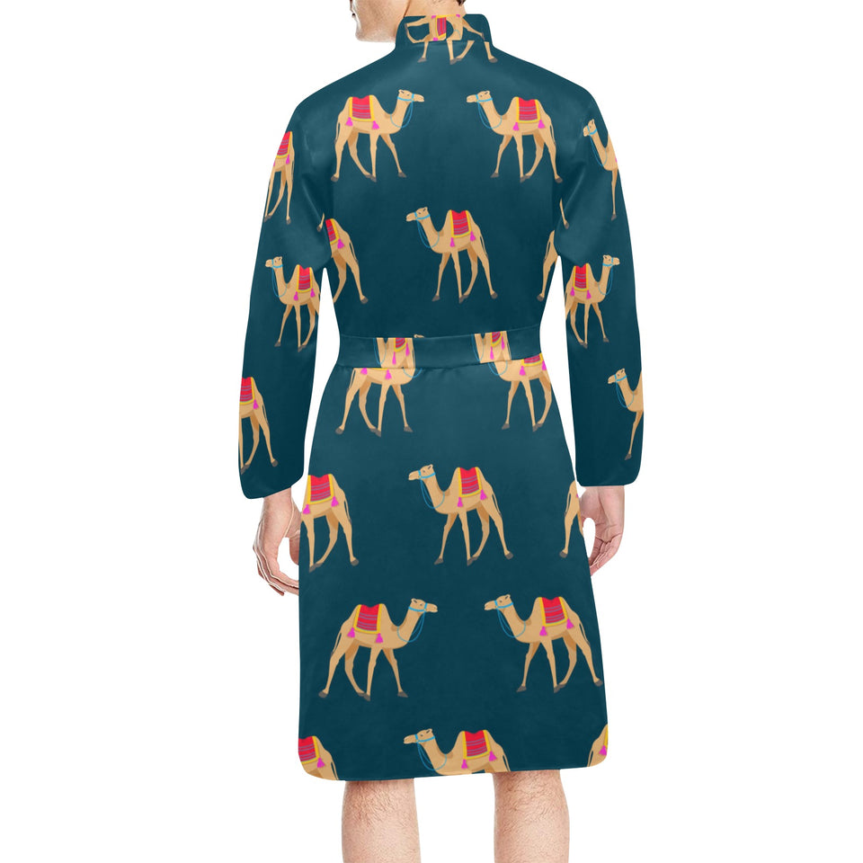 Camel pattern blue blackground Men's Long Sleeve Belted Night Robe