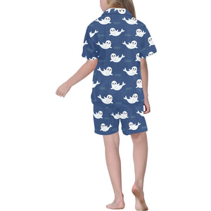 Cute white baby sea lion seal pattern Kids' Boys' Girls' V-Neck Short Pajama Set