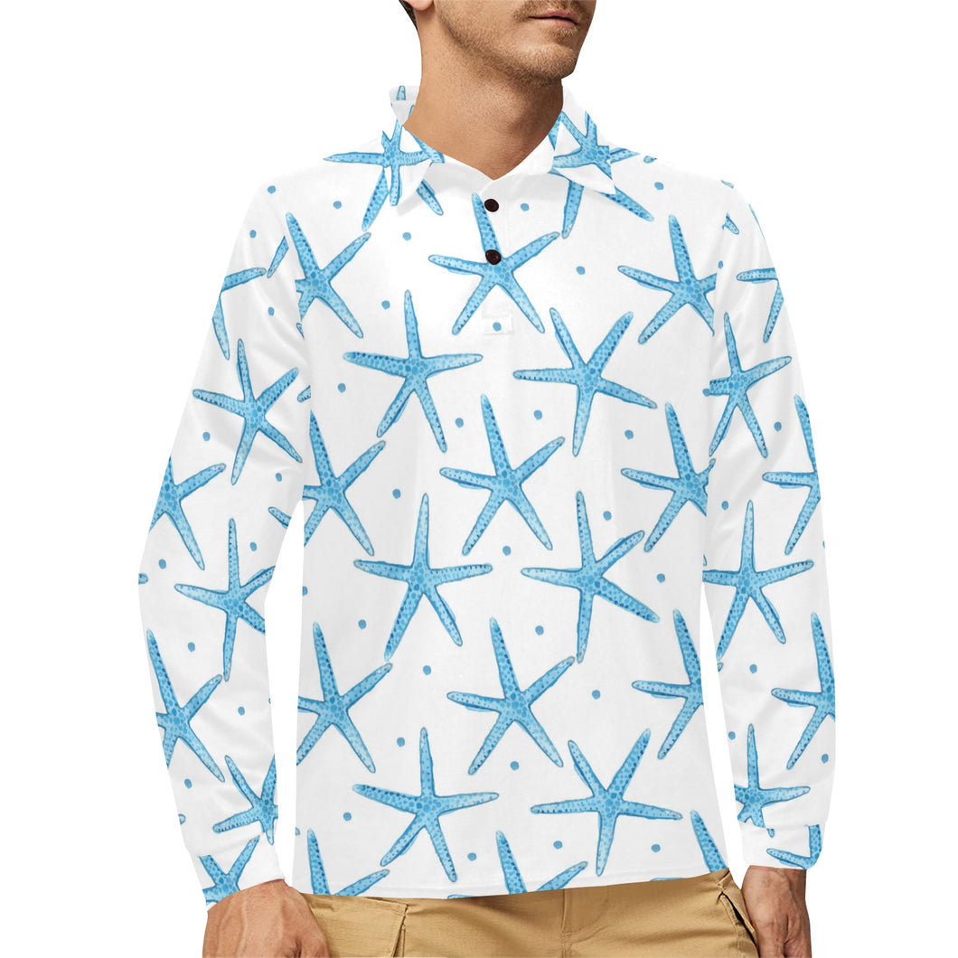 Watercolor starfish pattern Men's Long Sleeve Polo Shirt
