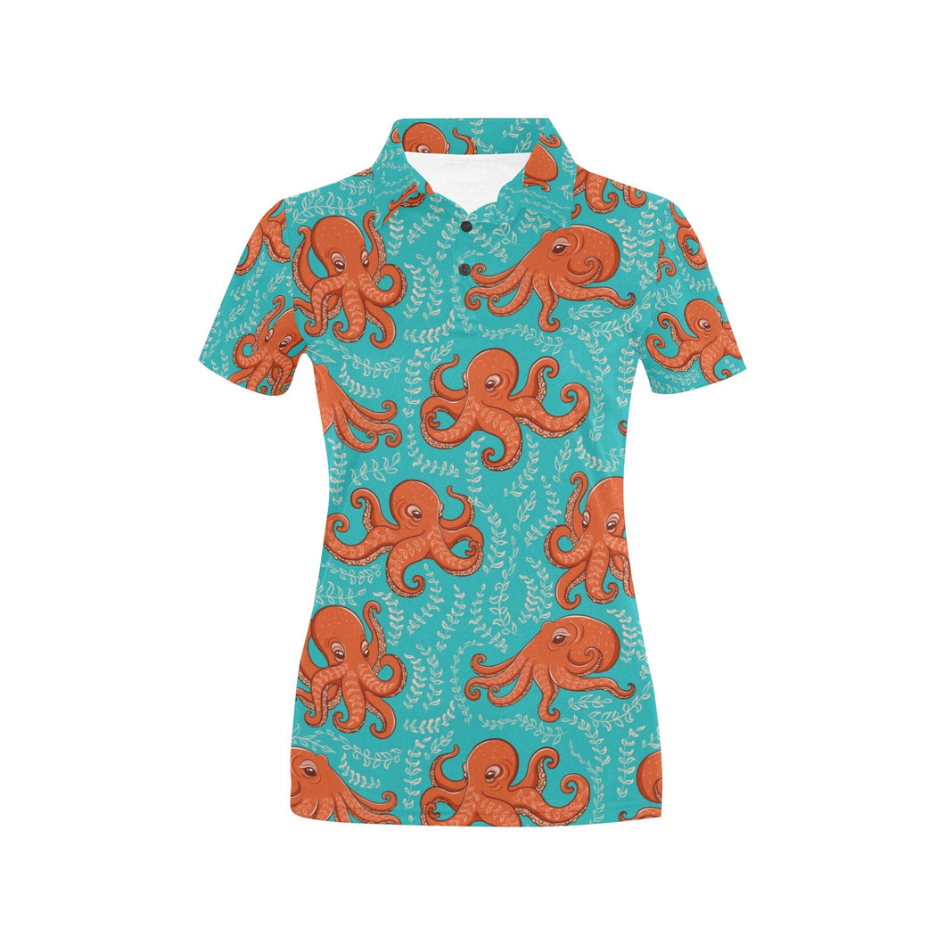 Octopus turquoise background Women's All Over Print Polo Shirt