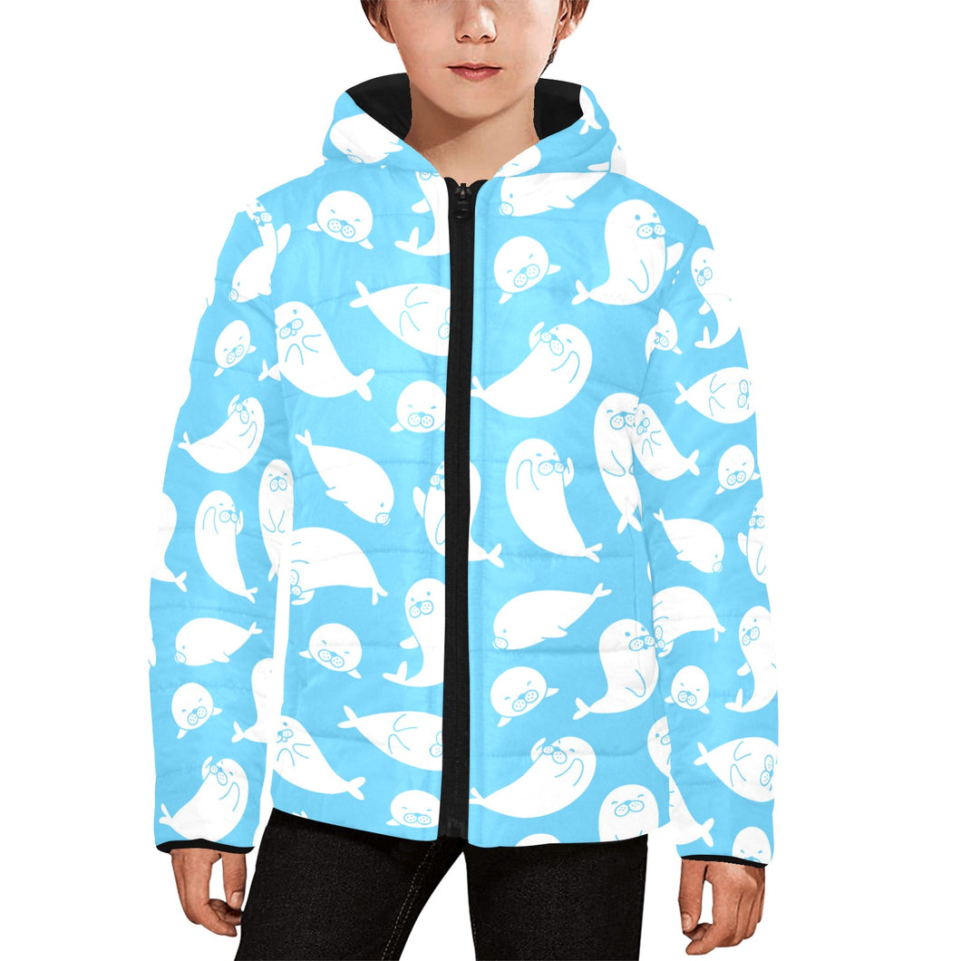 Cute white sea lion seals pattern Kids' Boys' Girls' Padded Hooded Jacket
