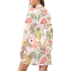Pink flamingo birds pineapples hibiscus flower pat Women's Long Sleeve Belted Night Robe