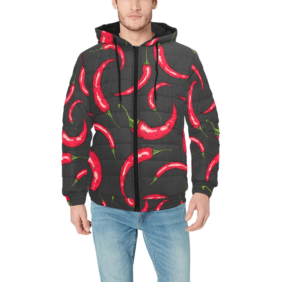 Chili peppers pattern black background Men's Padded Hooded Jacket