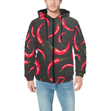 Chili peppers pattern black background Men's Padded Hooded Jacket