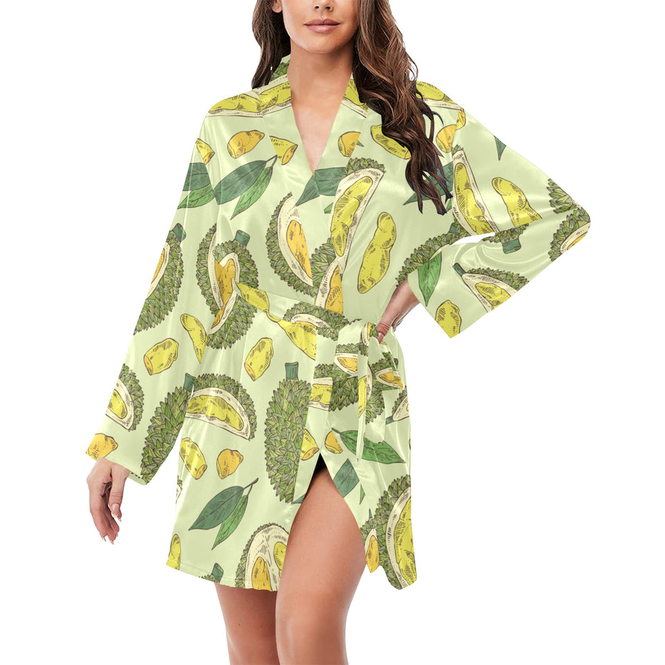 Durian leaves pattern background Women's Long Sleeve Belted Night Robe