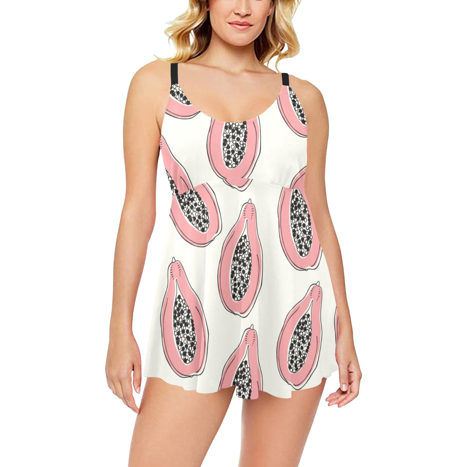 papaya pattern Chest Sexy Pleated Two Piece Swim Dress