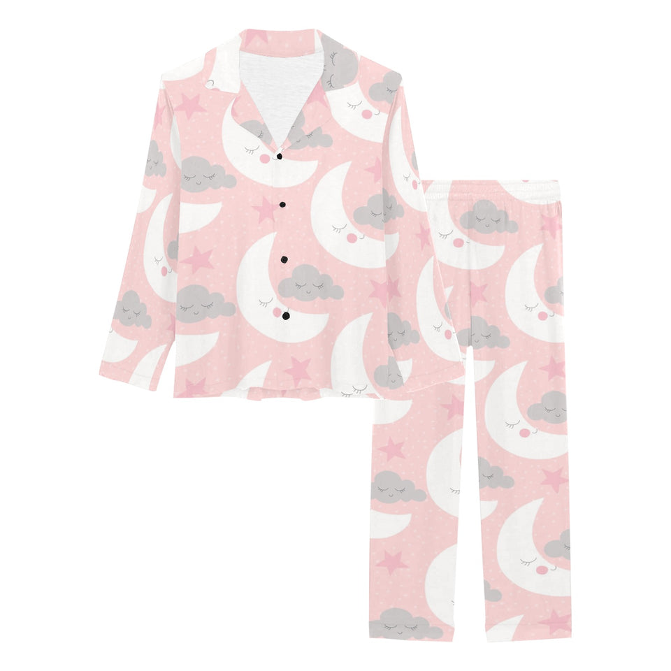 Cute moon cloud star pattern pink dot background Women's Long Pajama Set
