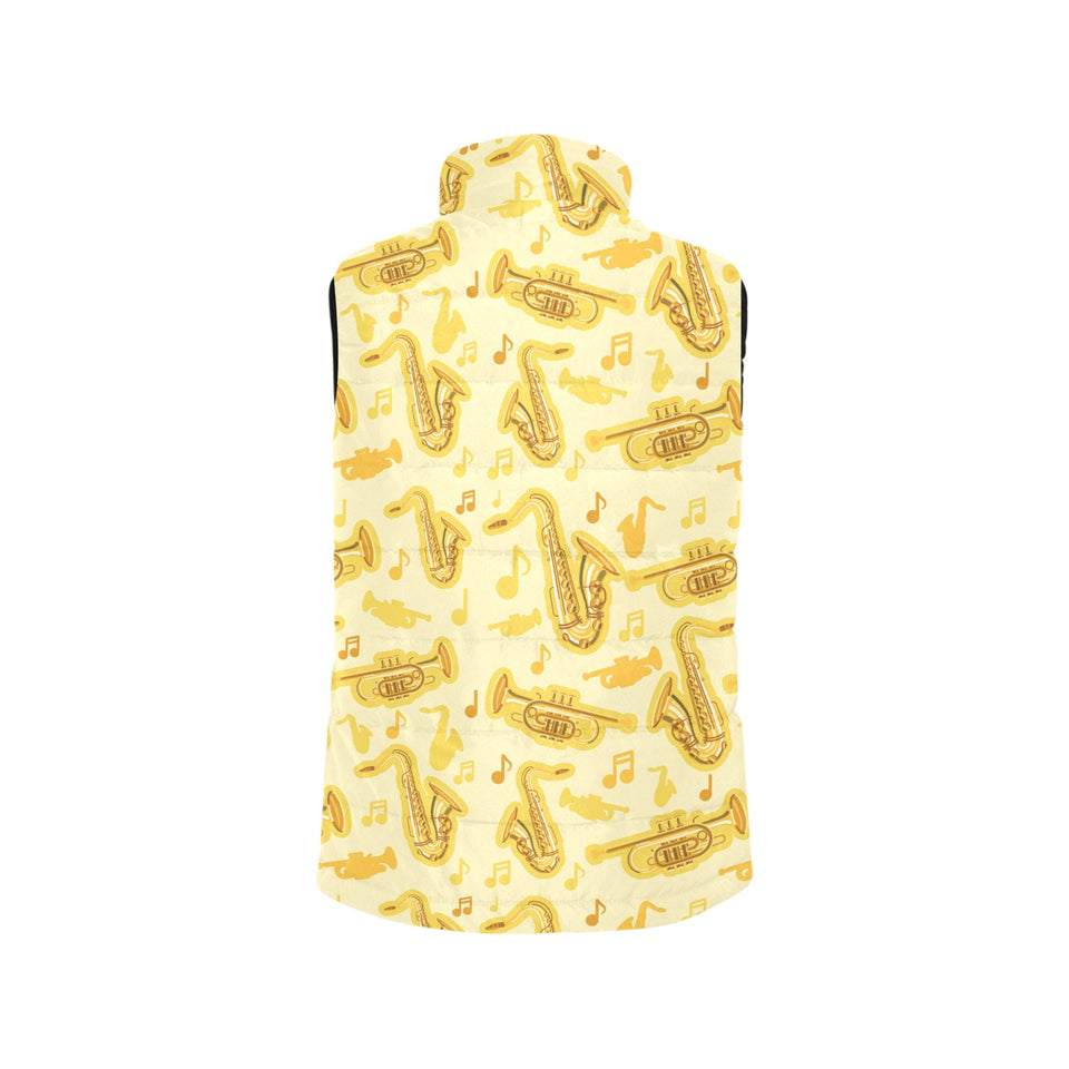 Saxophone cornet pattern yellow background Women's Padded Vest