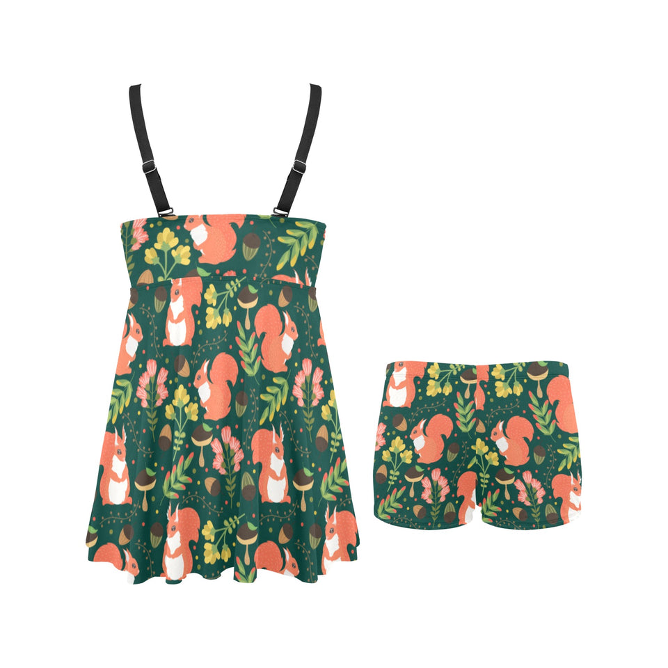 Squirrel Pattern Print Design 03 Chest Sexy Pleated Two Piece Swim Dress