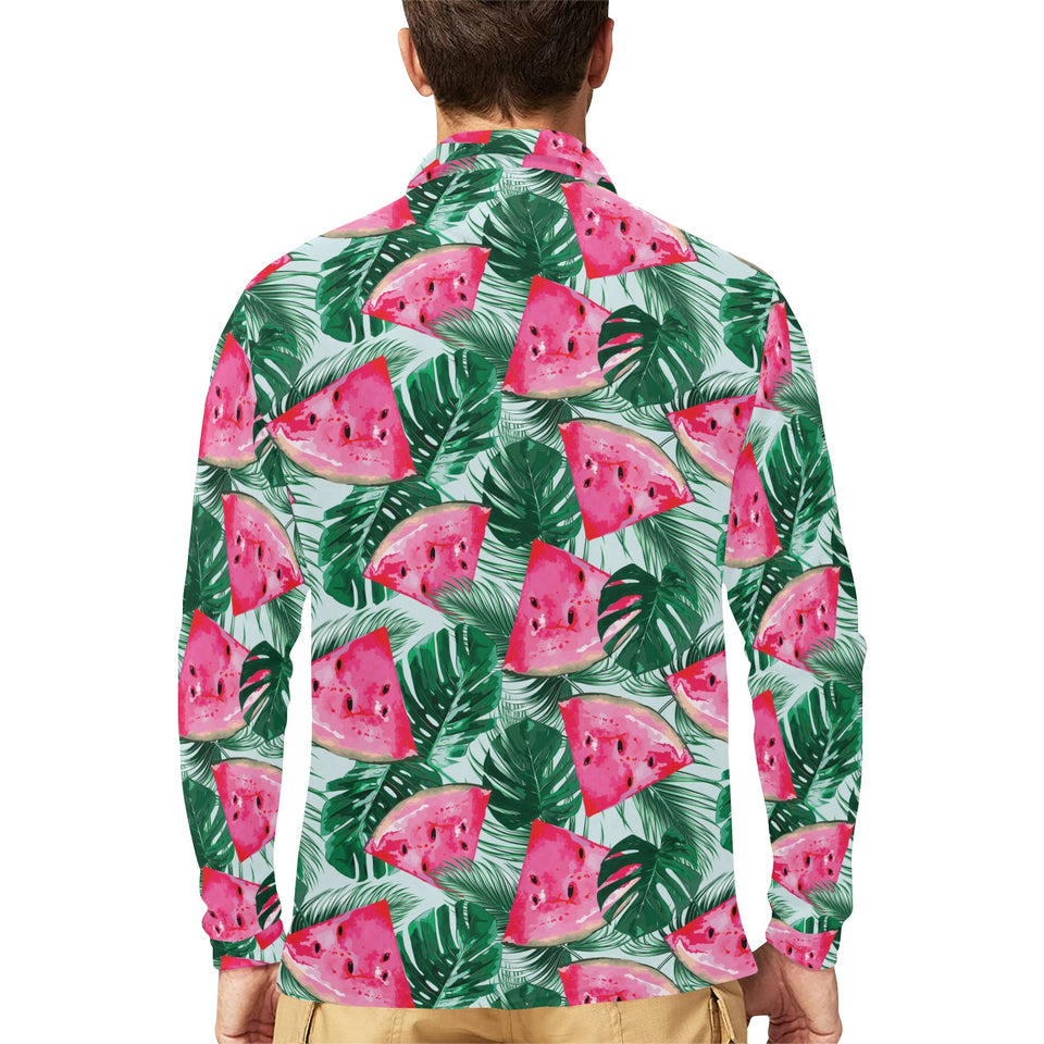 Watermelons tropical palm leaves pattern Men's Long Sleeve Polo Shirt