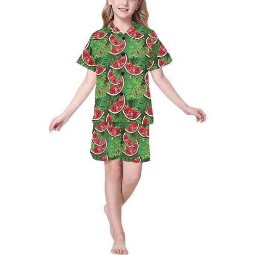 Watermelons tropical palm leaves pattern backgroun Kids' Boys' Girls' V-Neck Short Pajama Set