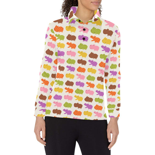 Hippopotamus Pattern Print Design 01 Women's Long Sleeve Polo Shirt