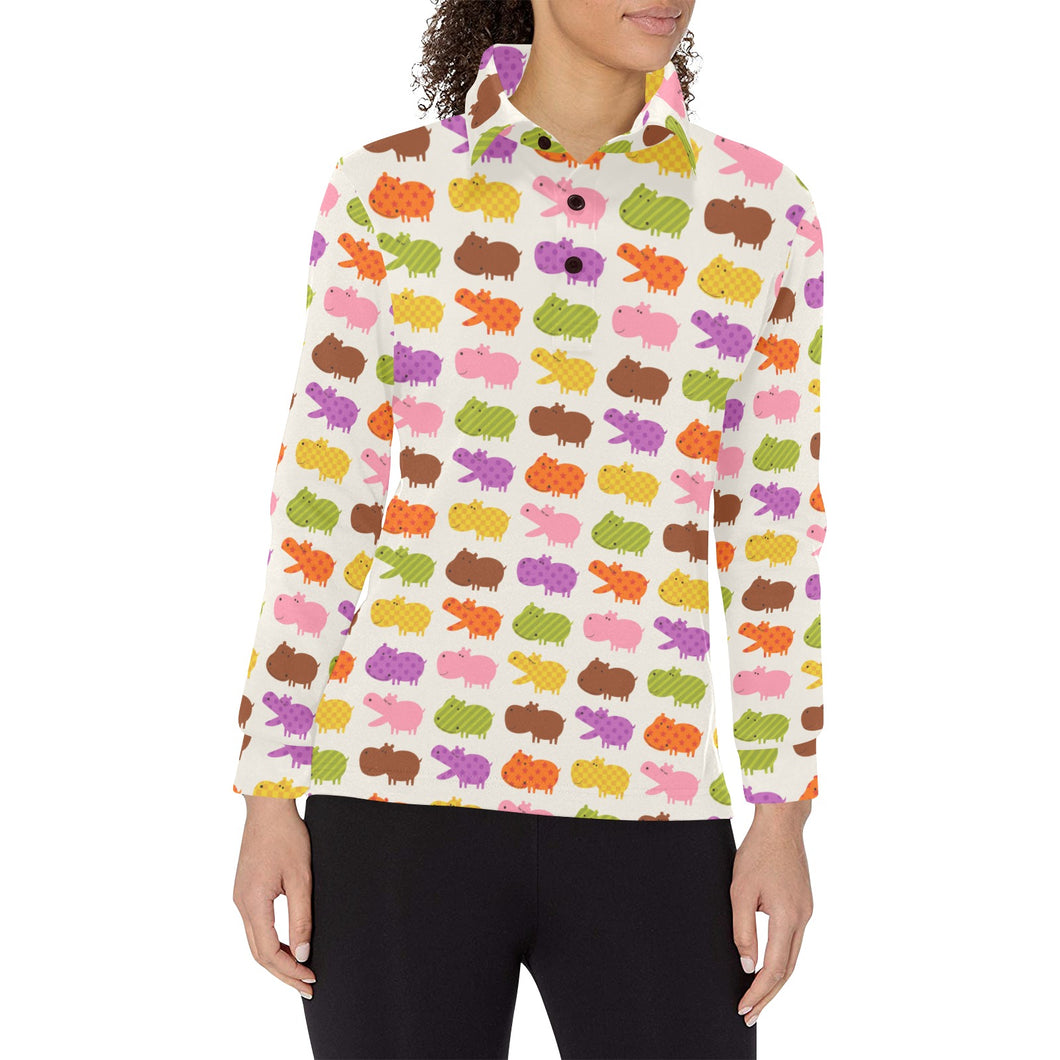 Hippopotamus Pattern Print Design 01 Women's Long Sleeve Polo Shirt