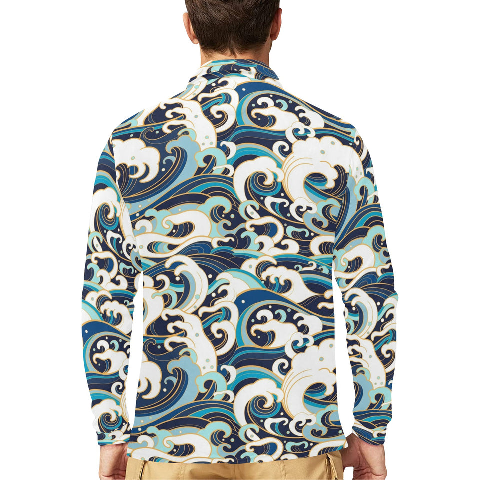 Japanese wave pattern Men's Long Sleeve Polo Shirt