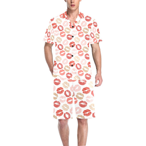 Lips Pattern Print Design 04 Men's V-Neck Short Pajama Set