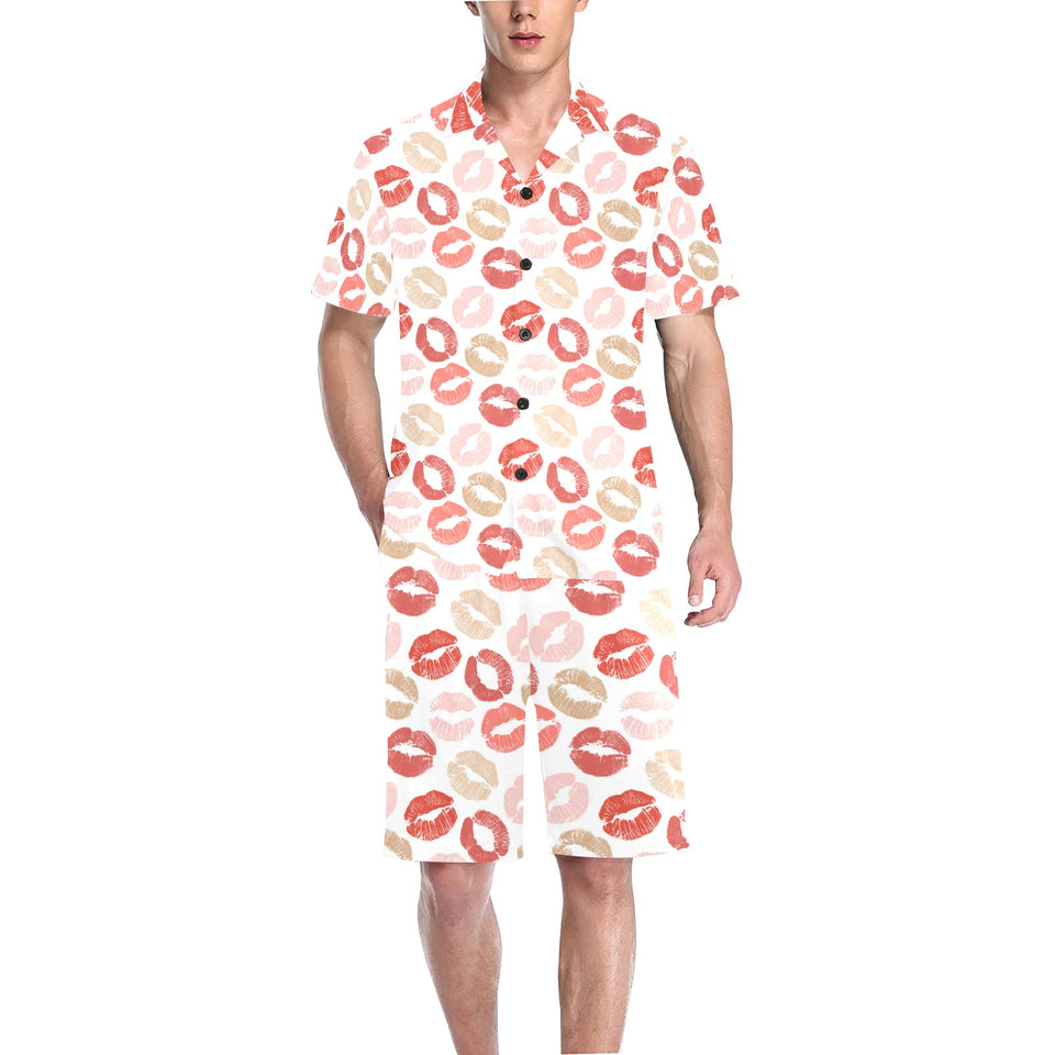Lips Pattern Print Design 04 Men's V-Neck Short Pajama Set