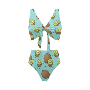 Kiwi blue background Chest Bowknot High Waisted Bikini Swimsuit