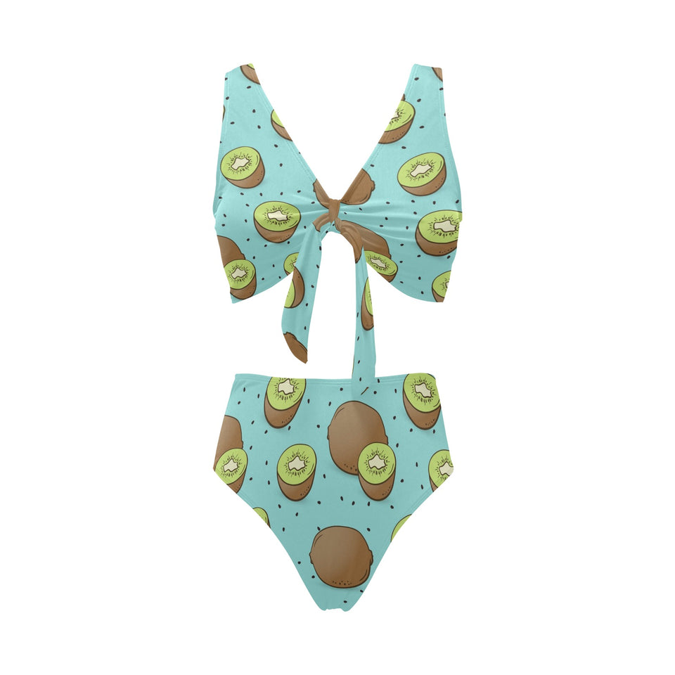 Kiwi blue background Chest Bowknot High Waisted Bikini Swimsuit
