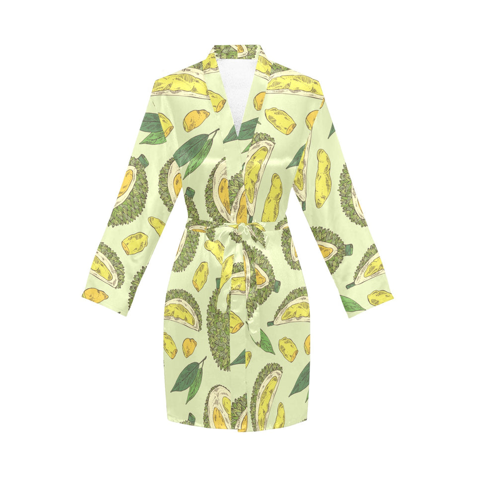 Durian leaves pattern background Women's Long Sleeve Belted Night Robe