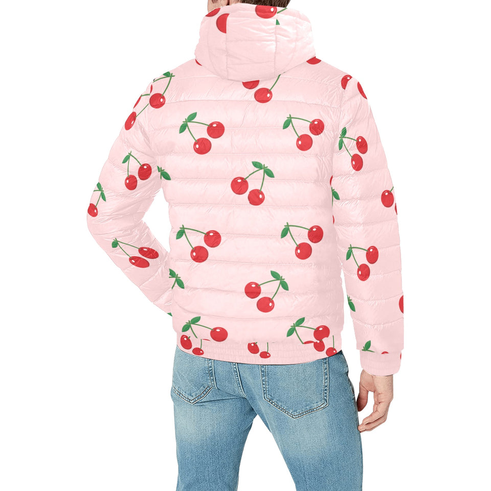 cherry pattern pink background Men's Padded Hooded Jacket