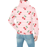 cherry pattern pink background Men's Padded Hooded Jacket