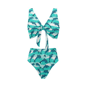 Dolphin sea pattern Chest Bowknot High Waisted Bikini Swimsuit