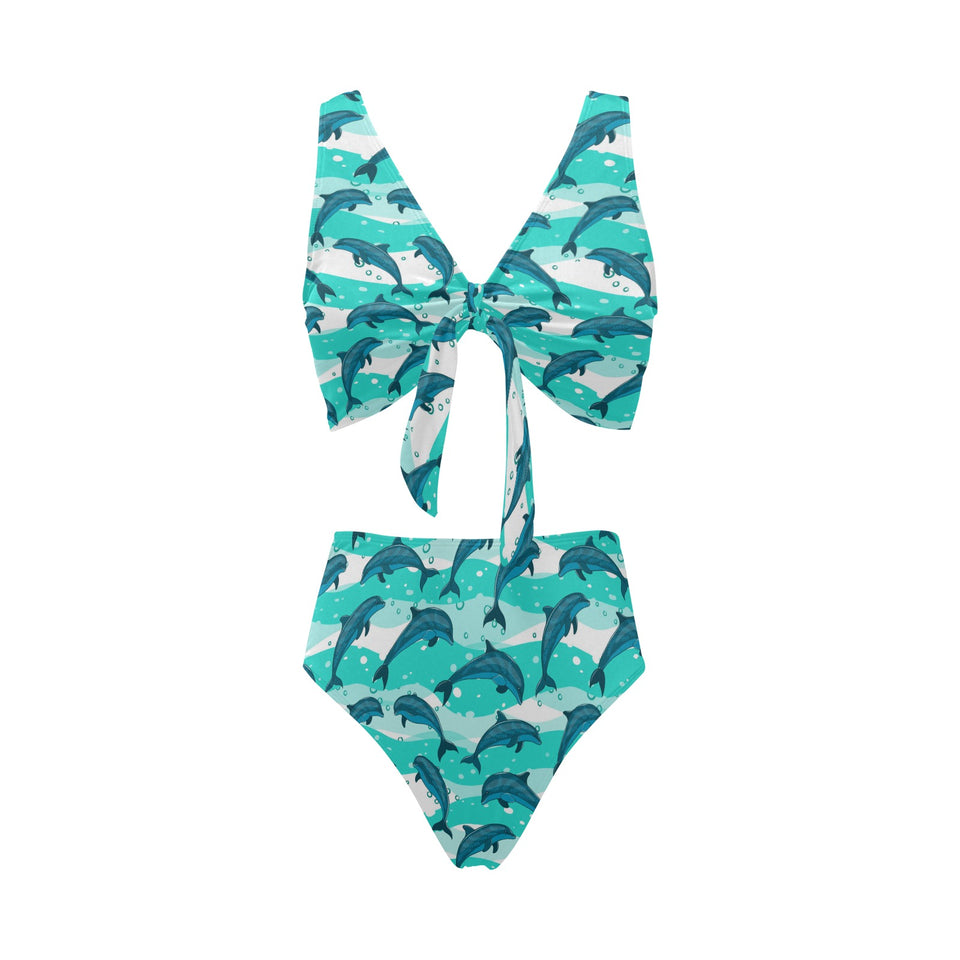 Dolphin sea pattern Chest Bowknot High Waisted Bikini Swimsuit