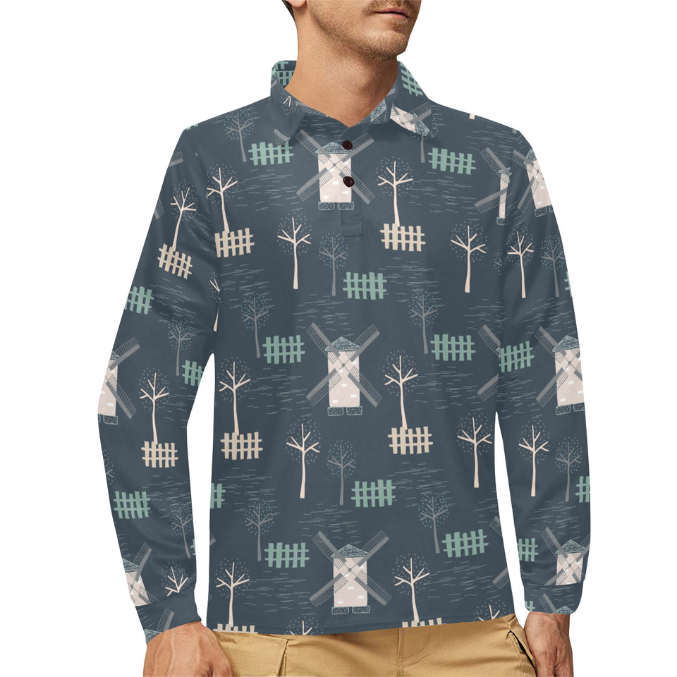 windmill tree pattern Men's Long Sleeve Polo Shirt