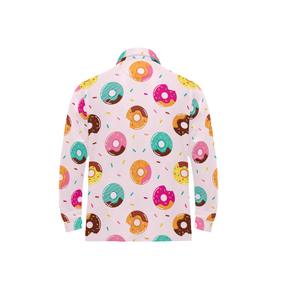 Donut pattern glaze pink background Men's Long Sleeve Polo Shirt