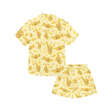 Saxophone cornet pattern yellow background Kids' Boys' Girls' V-Neck Short Pajama Set