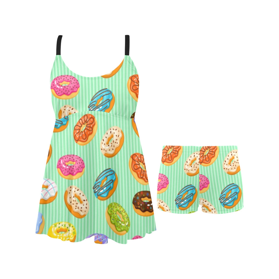 Colorful donut pattern green background Chest Sexy Pleated Two Piece Swim Dress