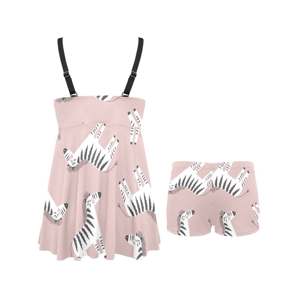 Cute zebra pattern Chest Sexy Pleated Two Piece Swim Dress
