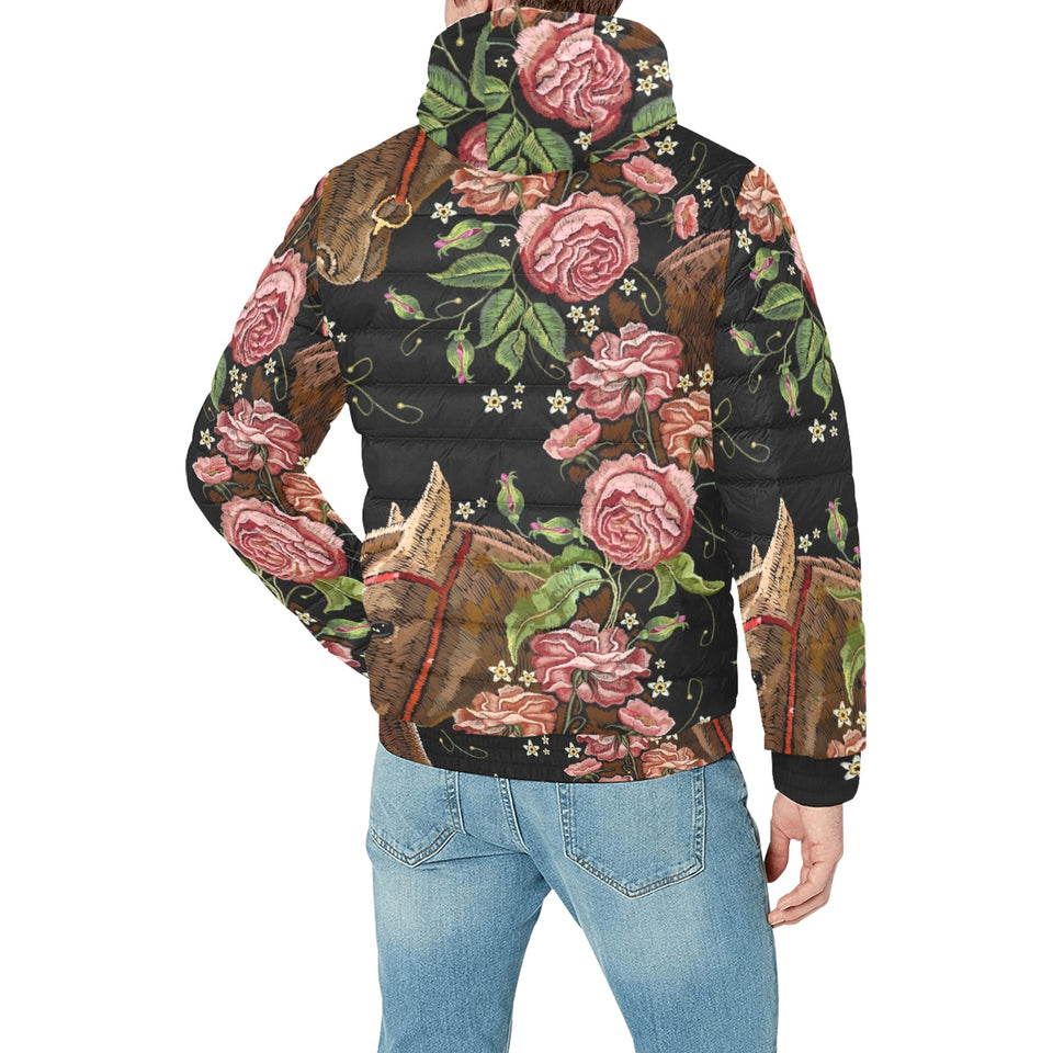 Horse head wild roses pattern Men's Padded Hooded Jacket
