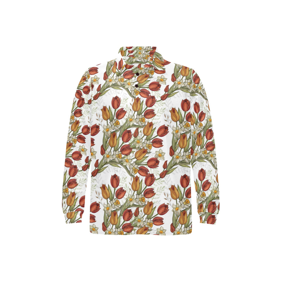 Red tulips and daffodils pattern Men's Long Sleeve Polo Shirt