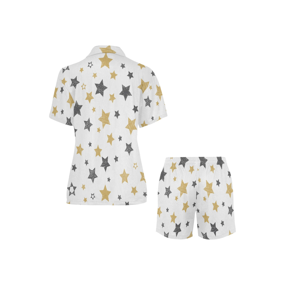 hand drawn gold black star pattern Women's V-Neck Short Pajama Set