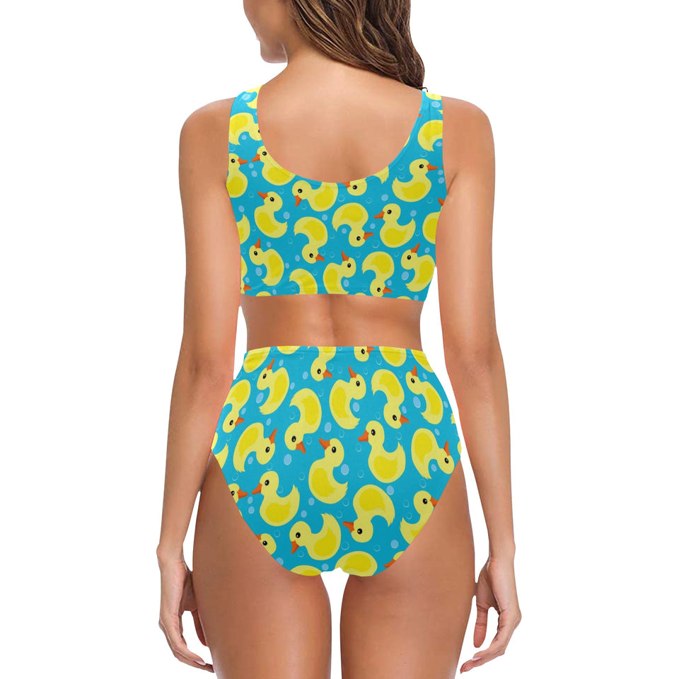 Duck Pattern Print Design 04 Chest Bowknot High Waisted Bikini Swimsuit