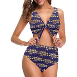 Beautiful japanese fan pattern Chest Bowknot High Waisted Bikini Swimsuit