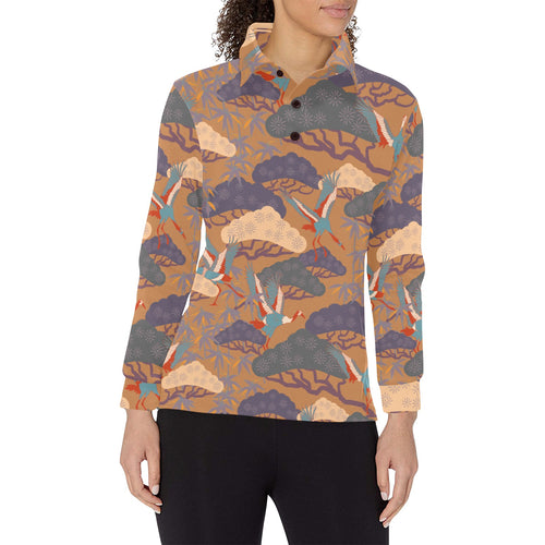 Bonsai bamboo stork japanese pattern brown theme Women's Long Sleeve Polo Shirt