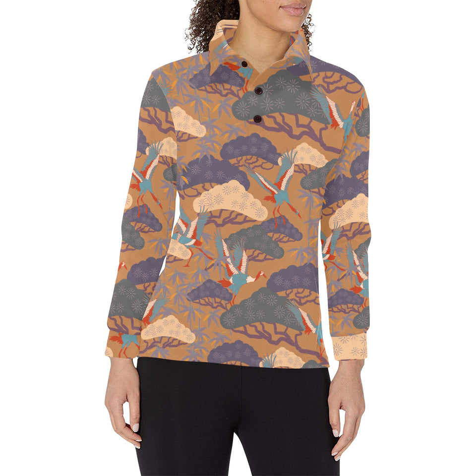 Bonsai bamboo stork japanese pattern brown theme Women's Long Sleeve Polo Shirt