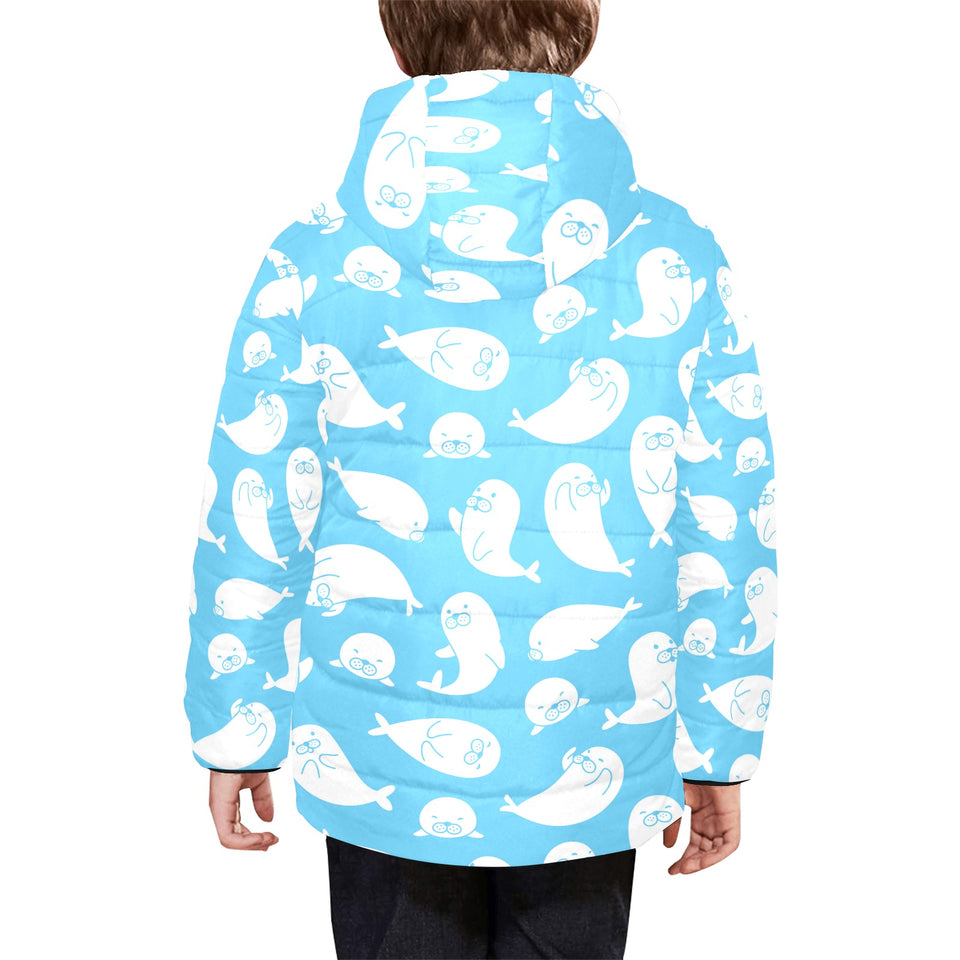 Cute white sea lion seals pattern Kids' Boys' Girls' Padded Hooded Jacket