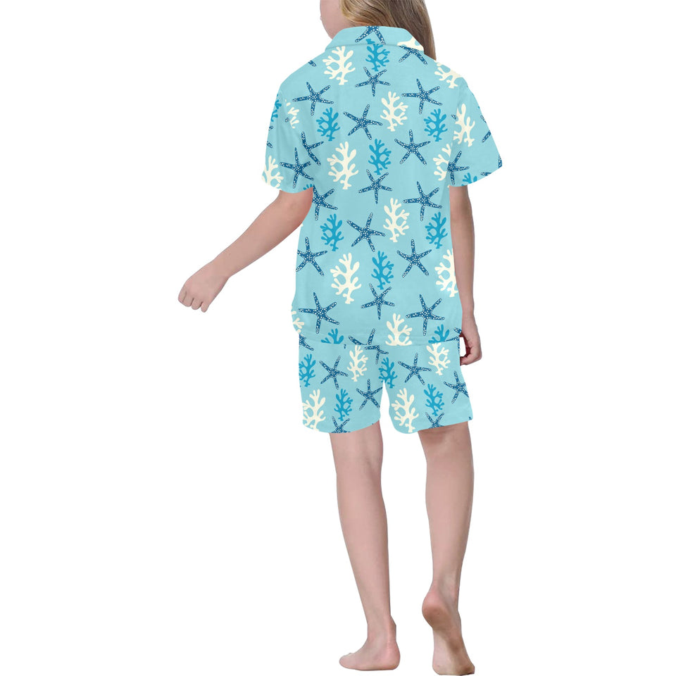 Blue starfish coral reef pattern Kids' Boys' Girls' V-Neck Short Pajama Set