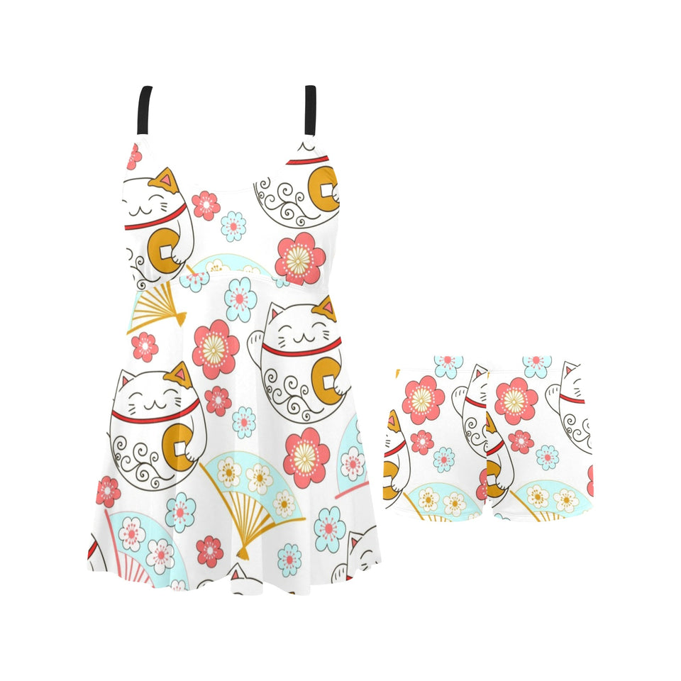 Maneki neko cat fan sakura Chest Sexy Pleated Two Piece Swim Dress