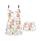 Maneki neko cat fan sakura Chest Sexy Pleated Two Piece Swim Dress