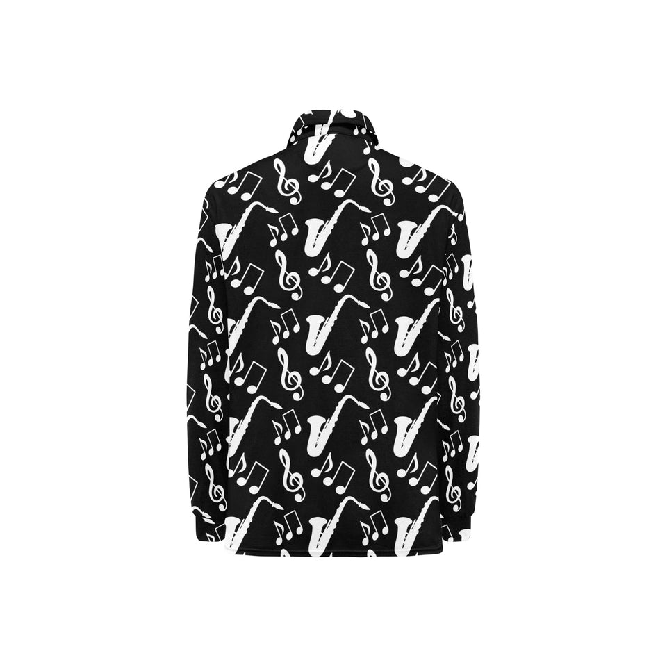 Saxophone music notes treble clef black white them Women's Long Sleeve Polo Shirt